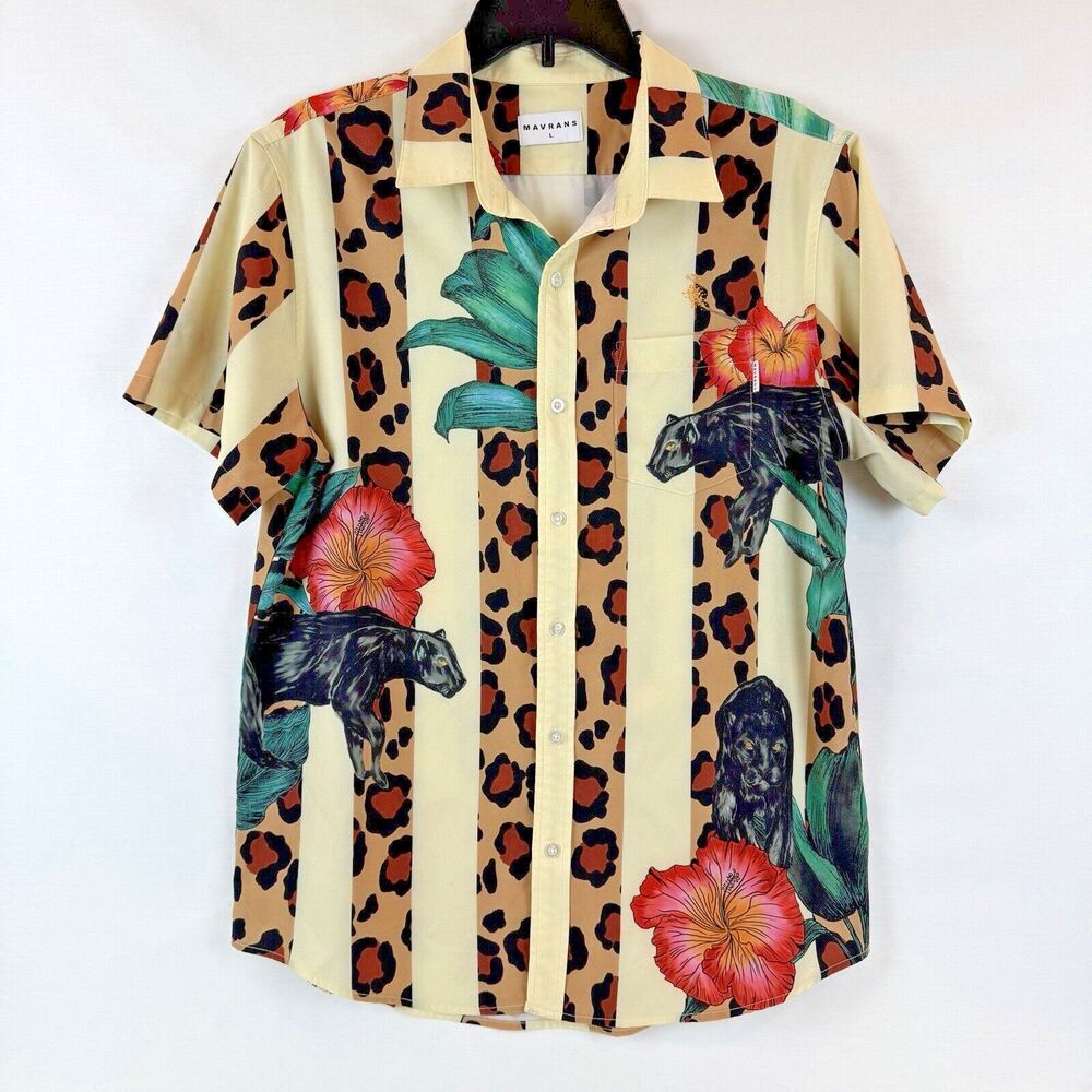 Mavrans Shirt Men's L Leo Pantera Weekend Floral Animal Print Stripe Stretch